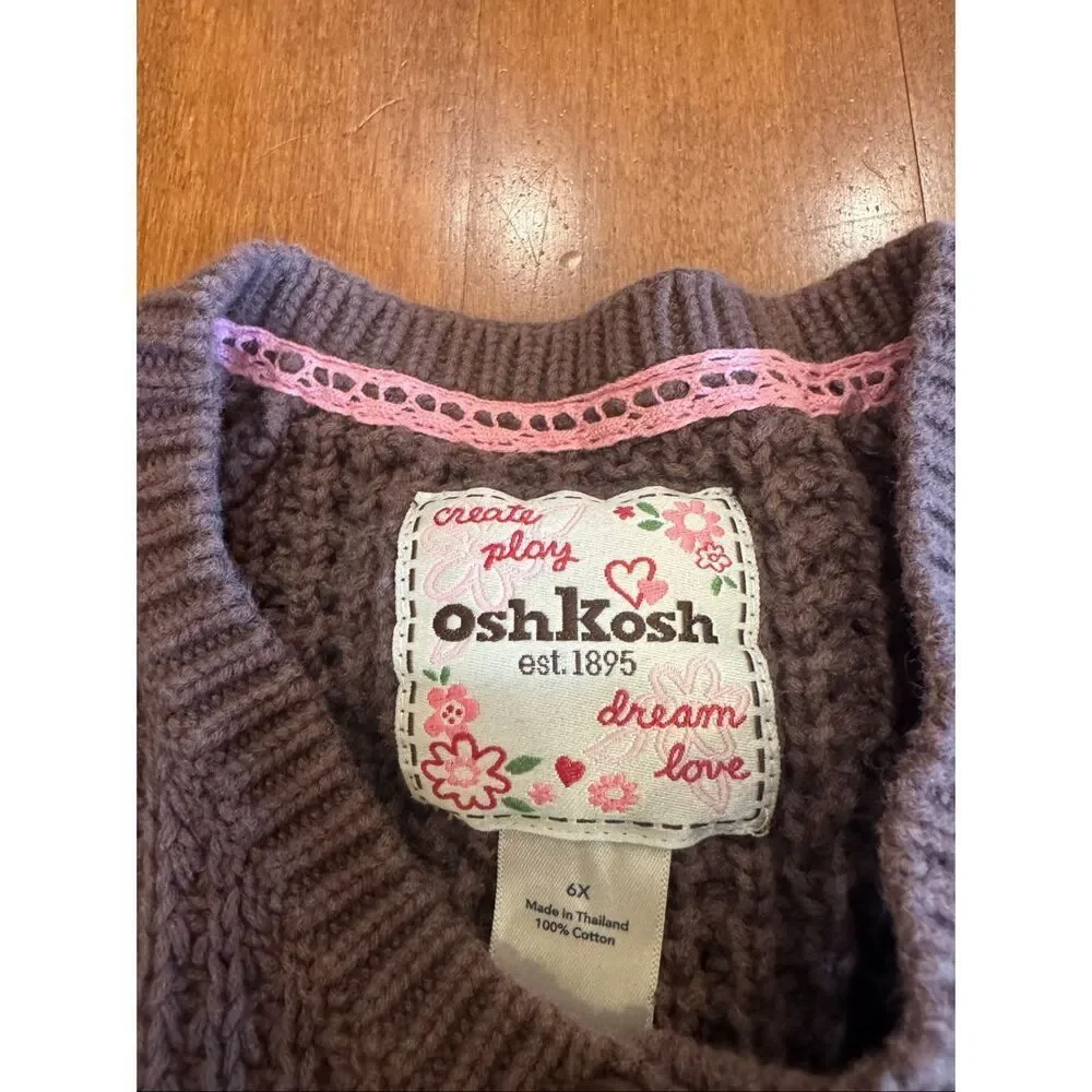 Y2K OshKosh B’gosh Girls 6X Brown Chunky Knit Cardigan Sweater Empire Waist Boho